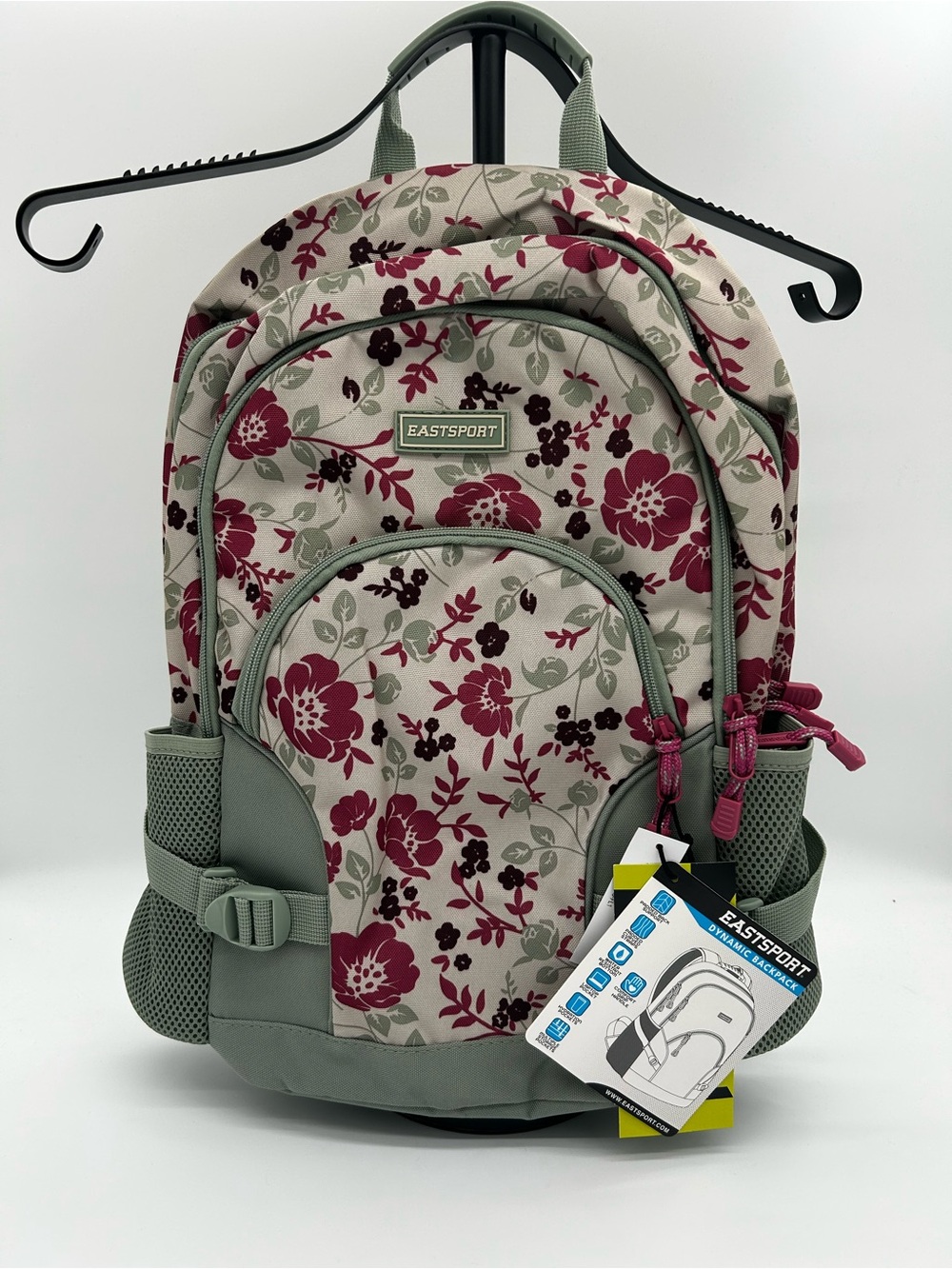 Eastsport Kids Floral Backpack in Sage Green with Burgundy Flowers